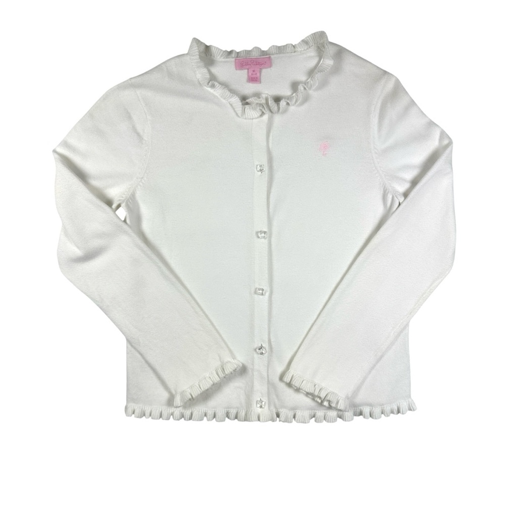LILLY PULITZER White Cotton Cardigan w/ Ruffles & Pink Logo  Girl’s XL (12-14)